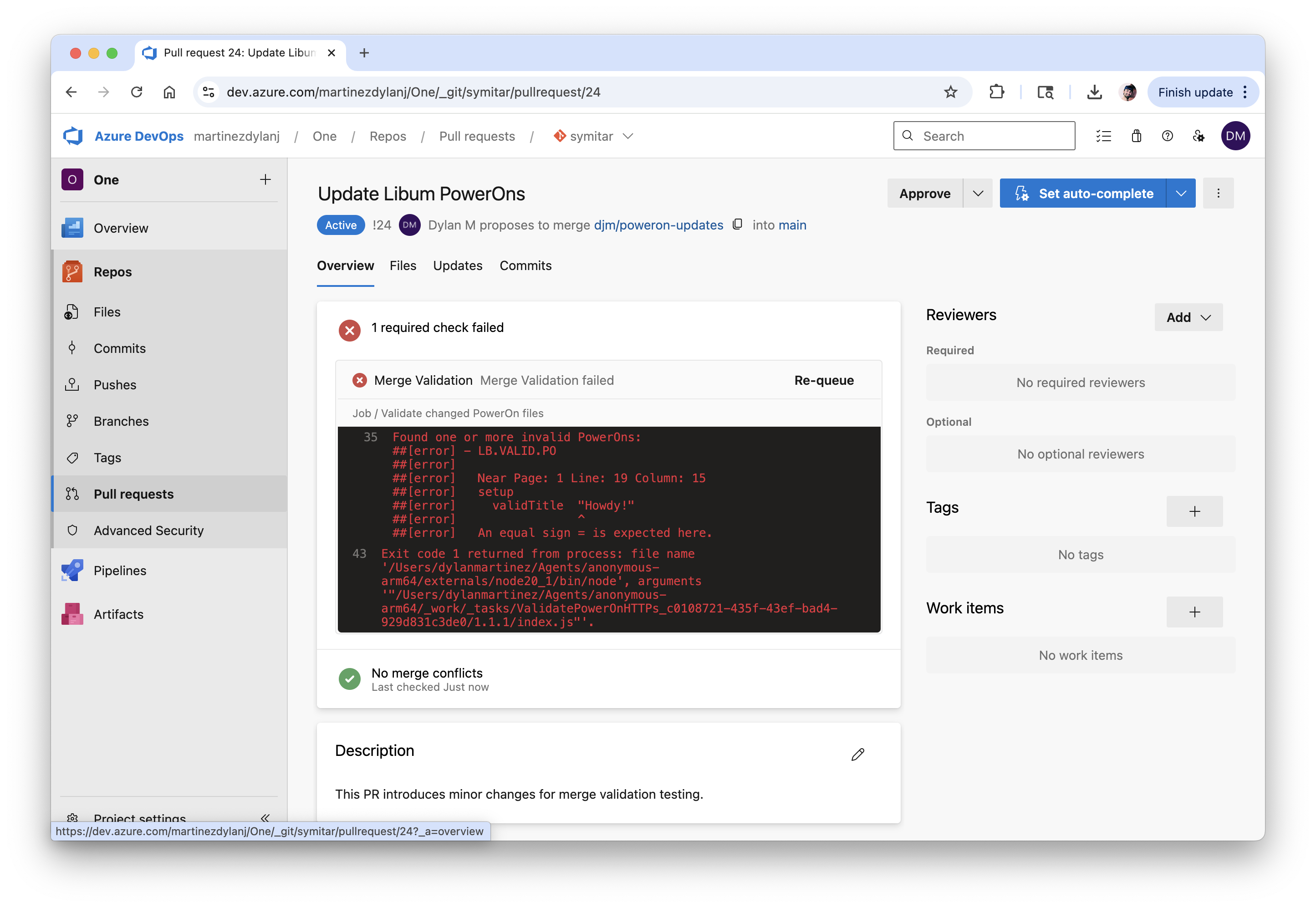 Invalid PowerOn in Azure DevOps pull request